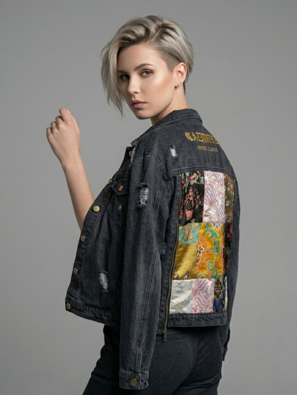 CALMMIND Women Patchwork Black Denim Jacket Distressed Grunge Indie Sleaze M